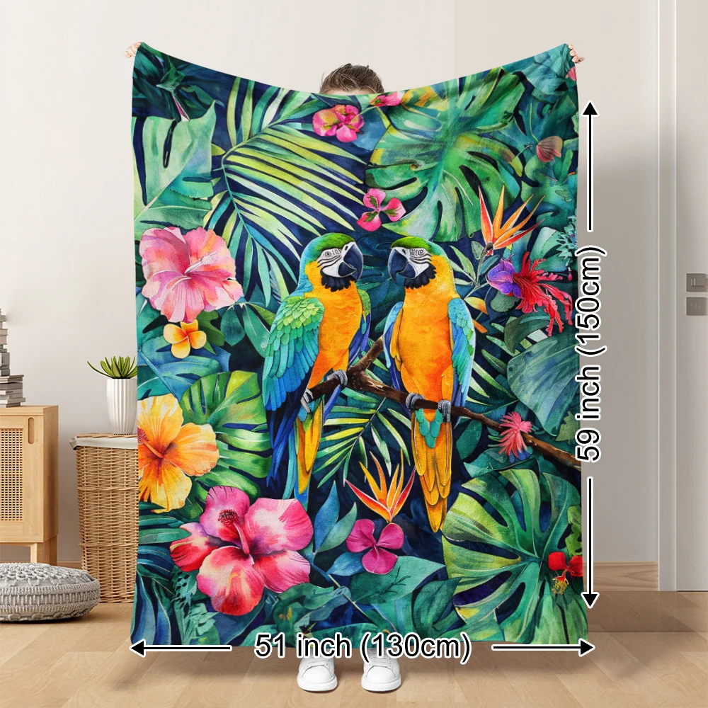Cozy Watercolor Parrot & Tropical Leaves Throw Blanket, Soft Warm for Naps, Camping,Travel & Home Decor,Perfect Gift for Friends