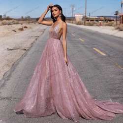 Glitter Evening Dresses Pretty Prom Dress Sequin Appliques Sleeveless A-Line Lace Tiered Glamorous Backless Vestidos De Noche