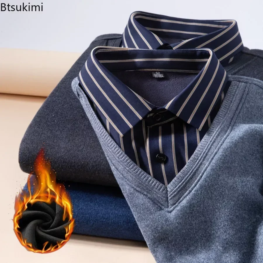 New Men's Winter Pullovers Turn-down Collar Button Solid Long Sleeve Shirts Sweater Fake Two Pieces Warm Bottoming Shirt for Men
