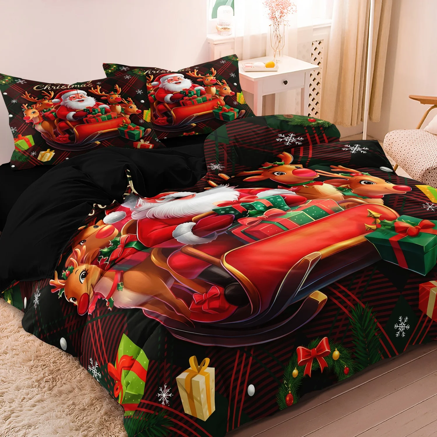 3Pcs Dark Buffalo Plaid Santa Reindeer Sleigh and Gift Box Print Duvet Cover Set, Plaid Santa Sleigh Christmas Bedding
