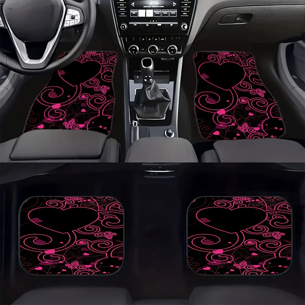 4pcs Romantic Pink Heart & Swirl Pattern Car Mats Set - Universal Fit, -Slip Protection & Dustproof Front/Rear Floor Mats For Va