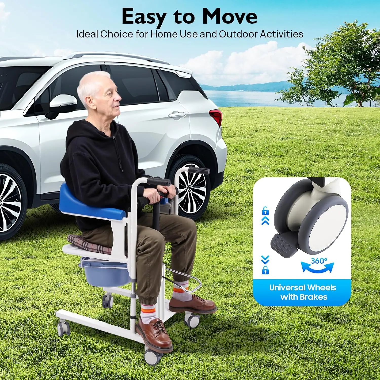 كرسي نقل رفع المريض لكراسي المسنين والمعاقين 180 ° مقعد منفصل، ارتفاع الرفع الهيدروليكي القابل للتعديل، 19.4 رطل