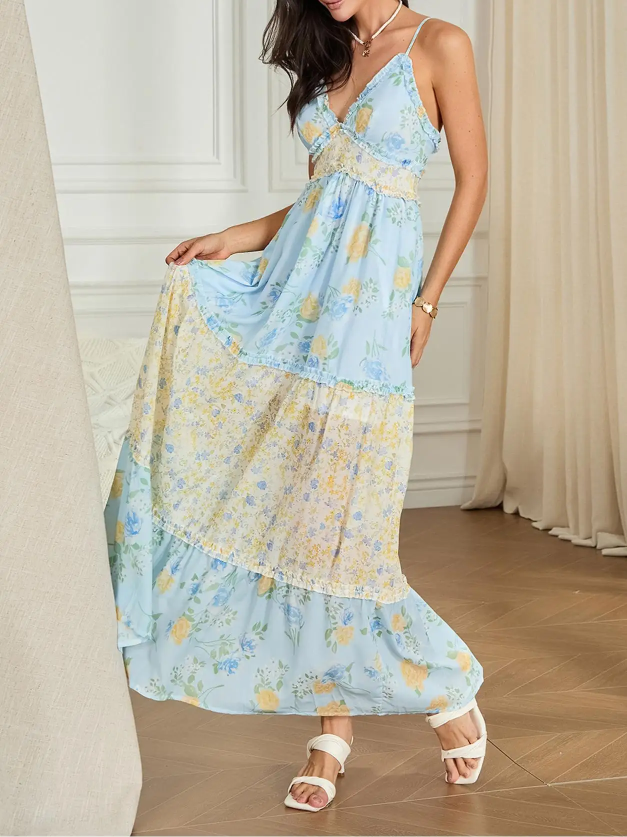 Nova moda feminina impressão sem mangas com decote em v midi vestido sem costas dupla camada verão casual festa de férias vestidos longos azul S-XL