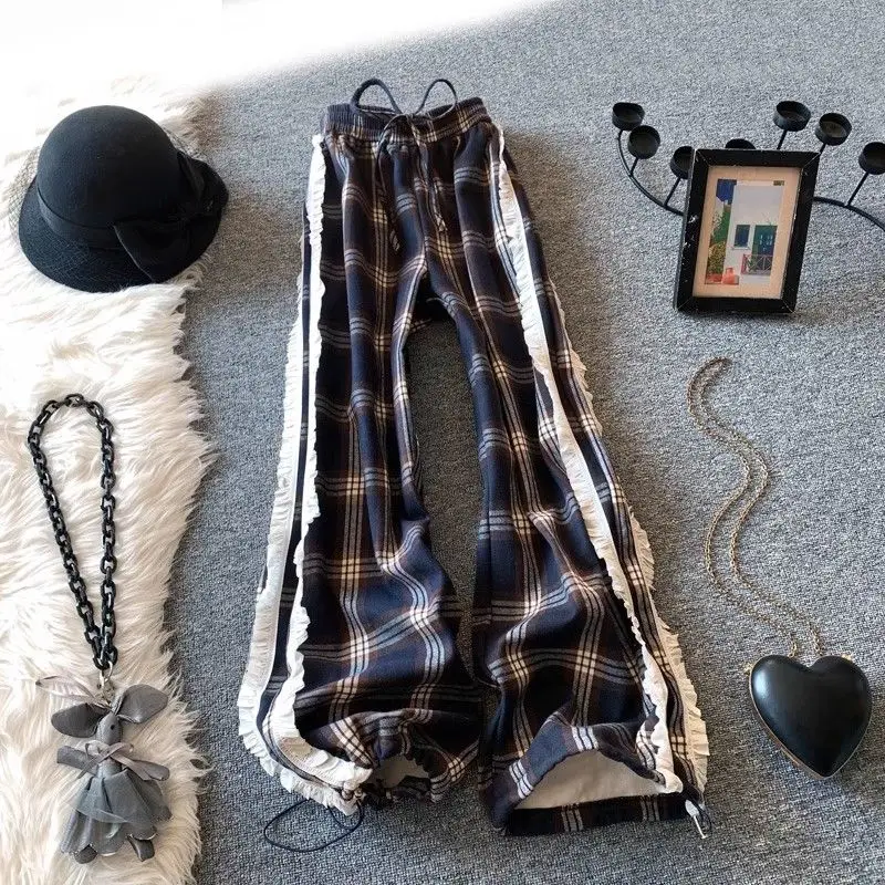 

Harajuku модные клетчатые длинные брюки женские осенне-зимние повседневные брюки с высокой талией кружевные лоскутные драпированные прямые широкие брюки