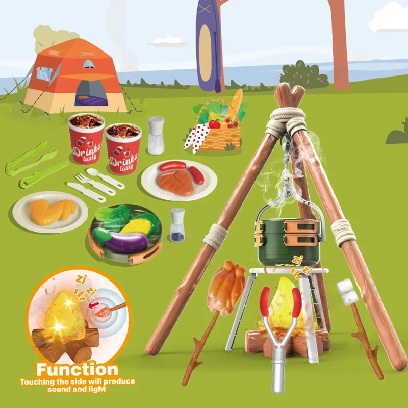 51Pieces Simulated Campfire Camping Food Toys Educational Interaction Kit Electric Lights Music Role Play Games Kids Xmas Gift