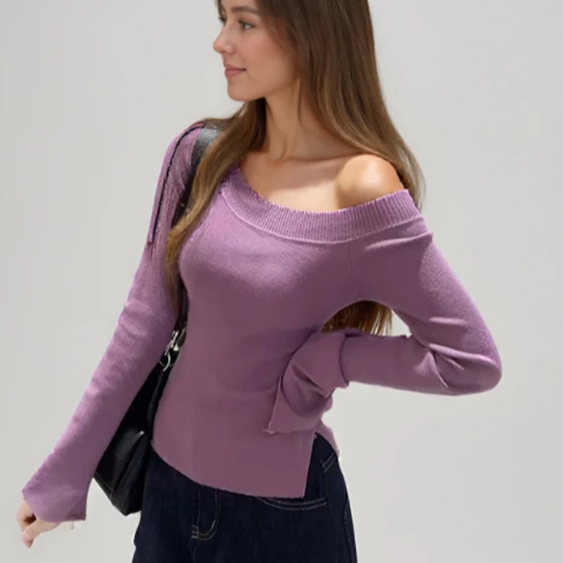 Elegant Solid Knitwear Y2k Long Sleeve Off-shoulder Knitted Sweater Slim Fit Bottoming Shirt Autumn Casual Simple Pullover Tops