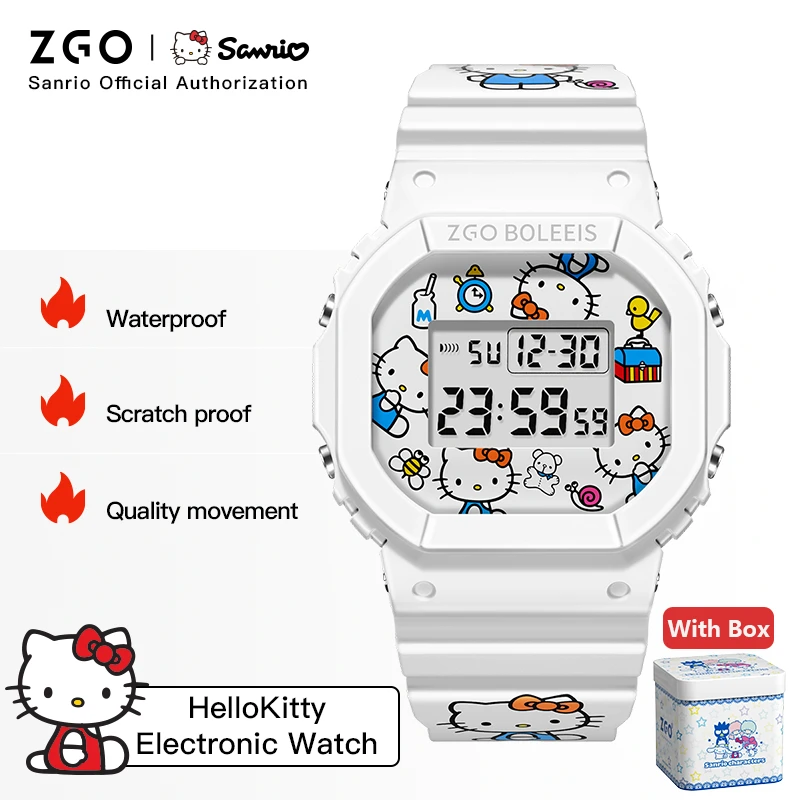 ZGO X Sanrio HelloKitty นาฬิกาอิเล็กทรอนิกส์กันน้ํากีฬานาฬิกาข้อมือ TPU สายนาฬิกา Chronograph หญิงคริสต์มาสของขวัญ 8611