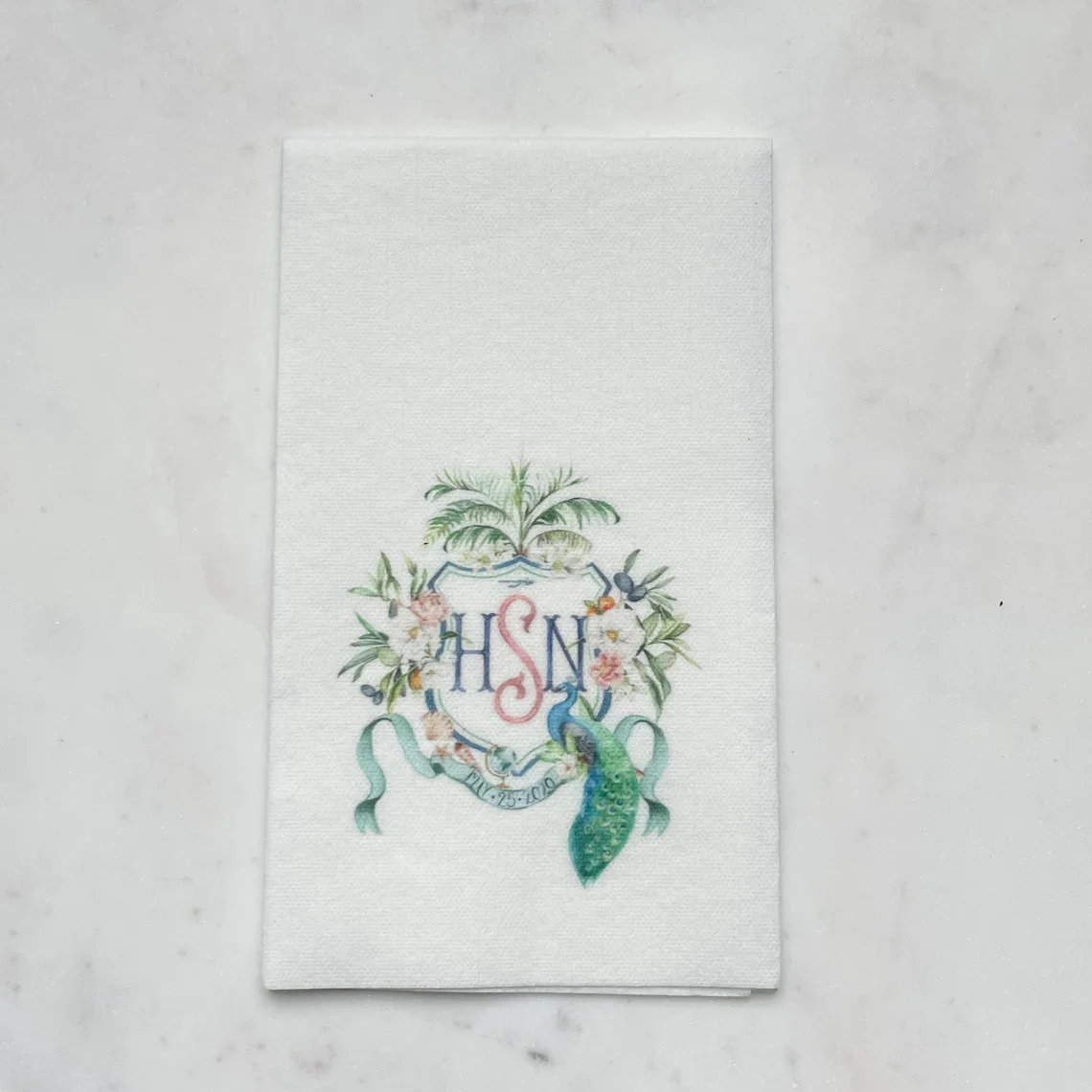 Full Color Peacock Crest Linen-Like Guest Towels, Personalized Bathroom Paper Hand Towels, Wedding Reception, Full Color Guest T