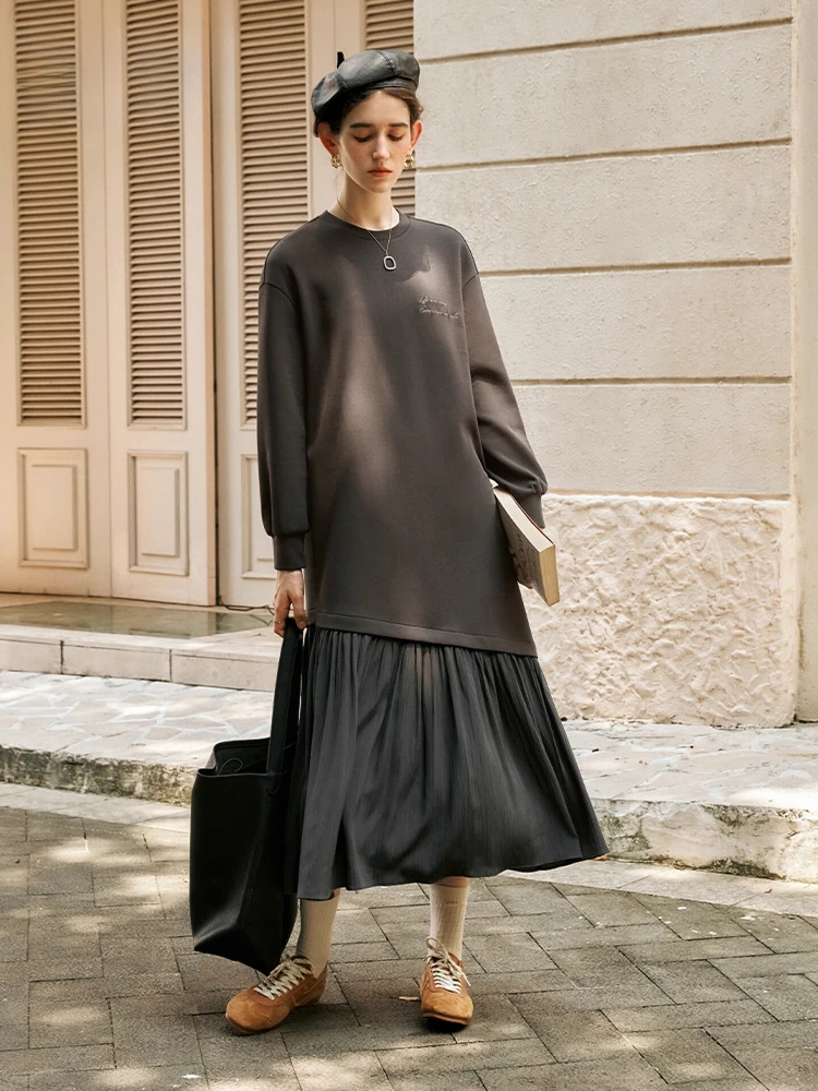 

OLrain Casual Knitted Dresses for Woman Autumn 2025 New Design O-neck Embroidered Dress Solid Patchwork Dress Female O57QL95009