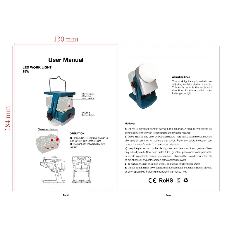 أضواء البناء المحمولة LED ضوء العمل لماكيتا/ديوالت/ميلووكي/بوش 14-18 فولت بطاريات ليثيوم ضوء التخييم في الهواء الطلق