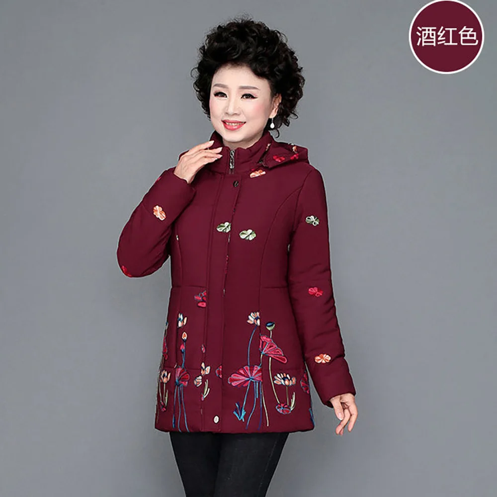 Mother Winter Hooded Printed Cotton-padded Jacket 2024 New Fashion Fleece Middle-aged And Elderly Warm Grab Cotton-Padded Jacket