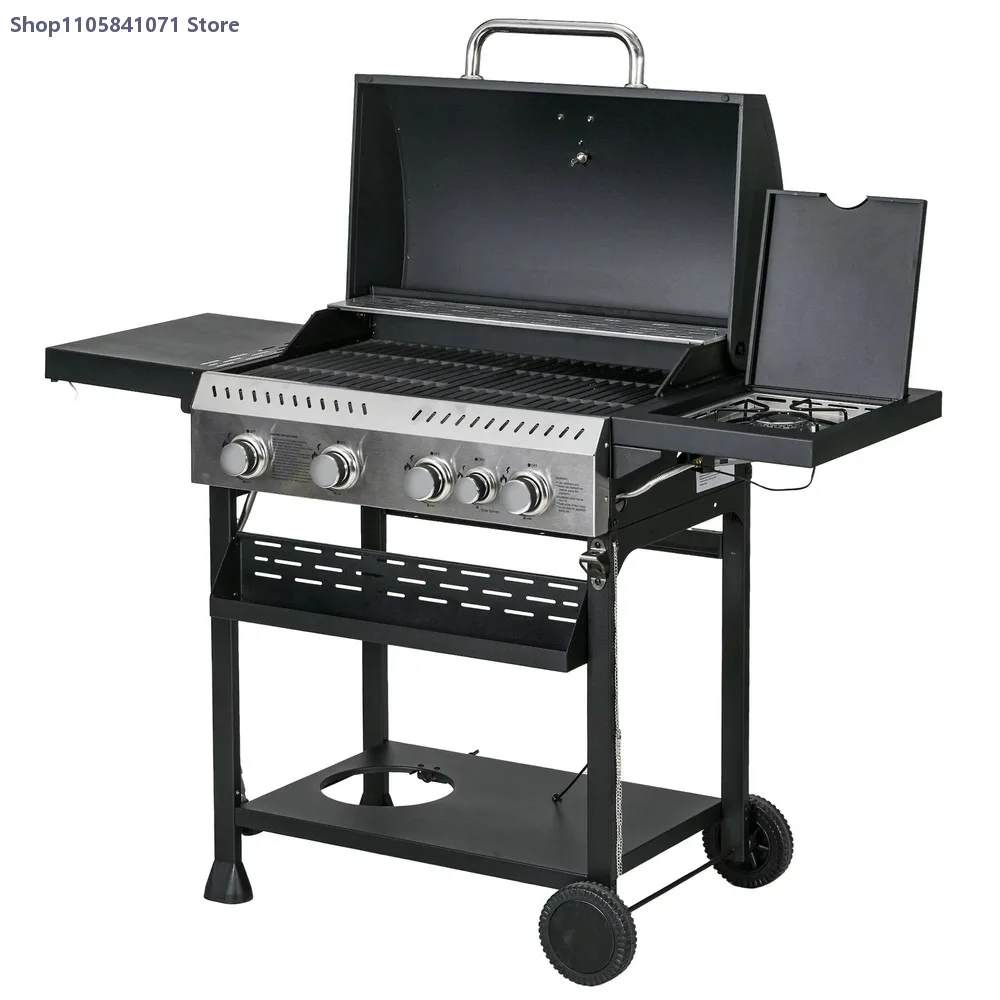 4+1 Burner Propane Gas Grill 40000 BTU BBQ Cart with Warming Rack Bottle Opener Thermometer Outdoor Cooking Kitchen