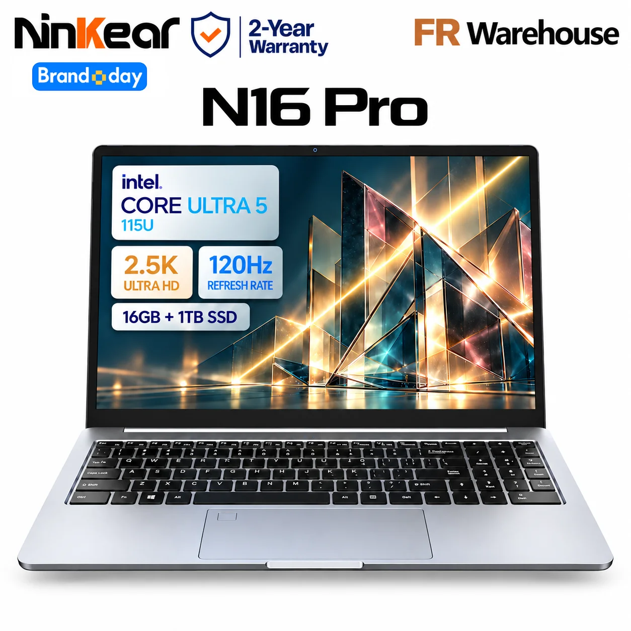 Ninkear N16 Pro AI Laptop Intel Core Ultra 5 115U 16 Inch 2.5K 120Hz Scherm 16GB LPDDR5 RAM 1TB SSD WiFi 6 Windows 11, 21 TOPS AI NPU verlicht toetsenbord voor werk studie multitasking