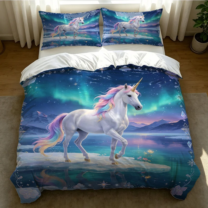 2/3Pcs Microfiber Duvet Cover Set,Ultra-Soft,Breathable,Skin-Friendly,Durable,Unicorn on Ice with Aurora Borealis Stars Print