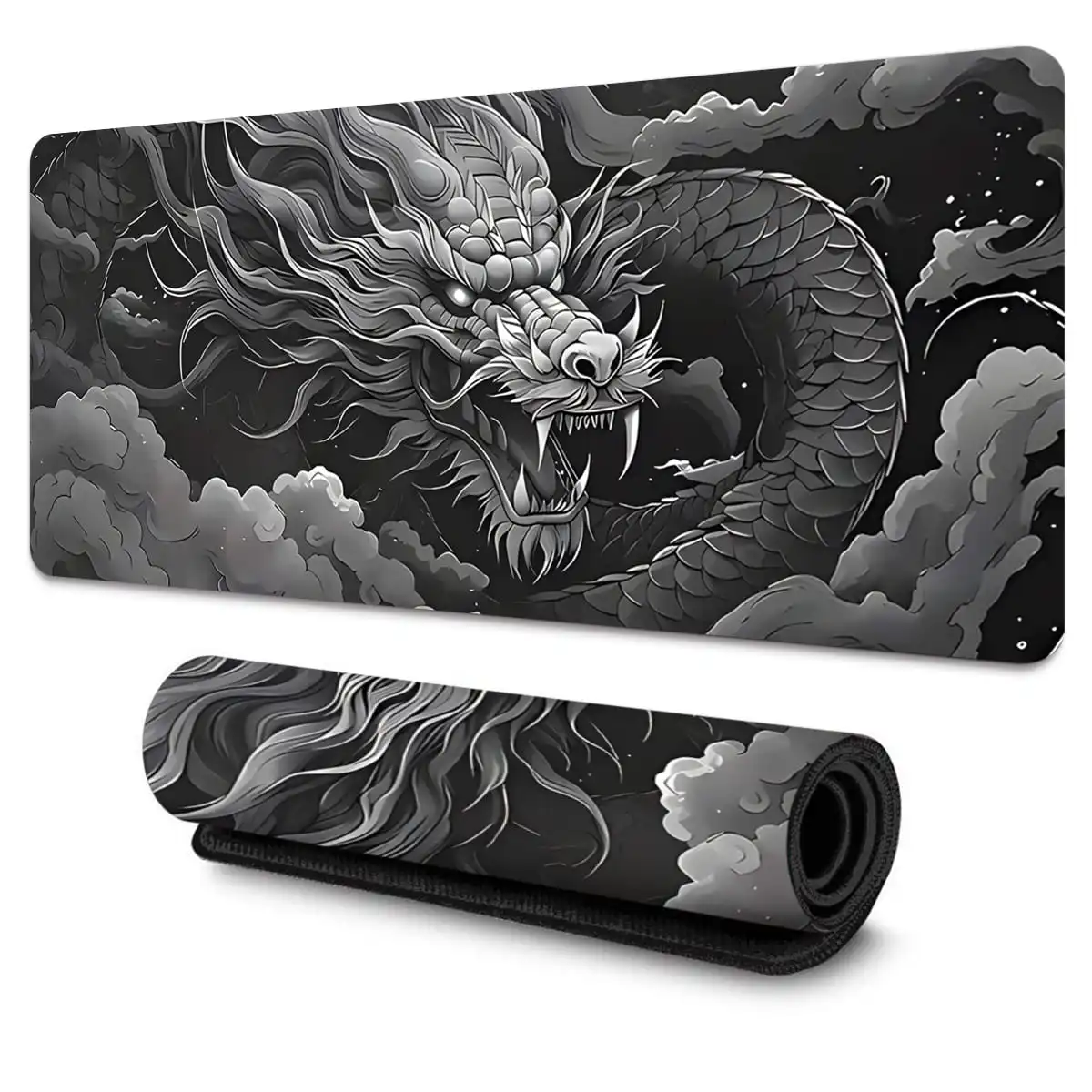 1pc Black White Chinese Dragon Design Gaming Mouse Pad Multi-Size Non-Slip Stitched Edge Computer Keyboard Desk Mat For Office