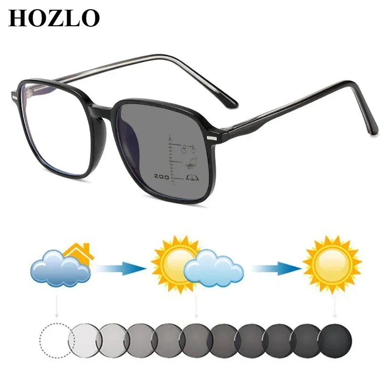 

New Fashion Retro Rivets Large Square TR90 Photochromic Progressive Reading Sunglasses For Women Men Hyperopia Eyeglasses Gafas