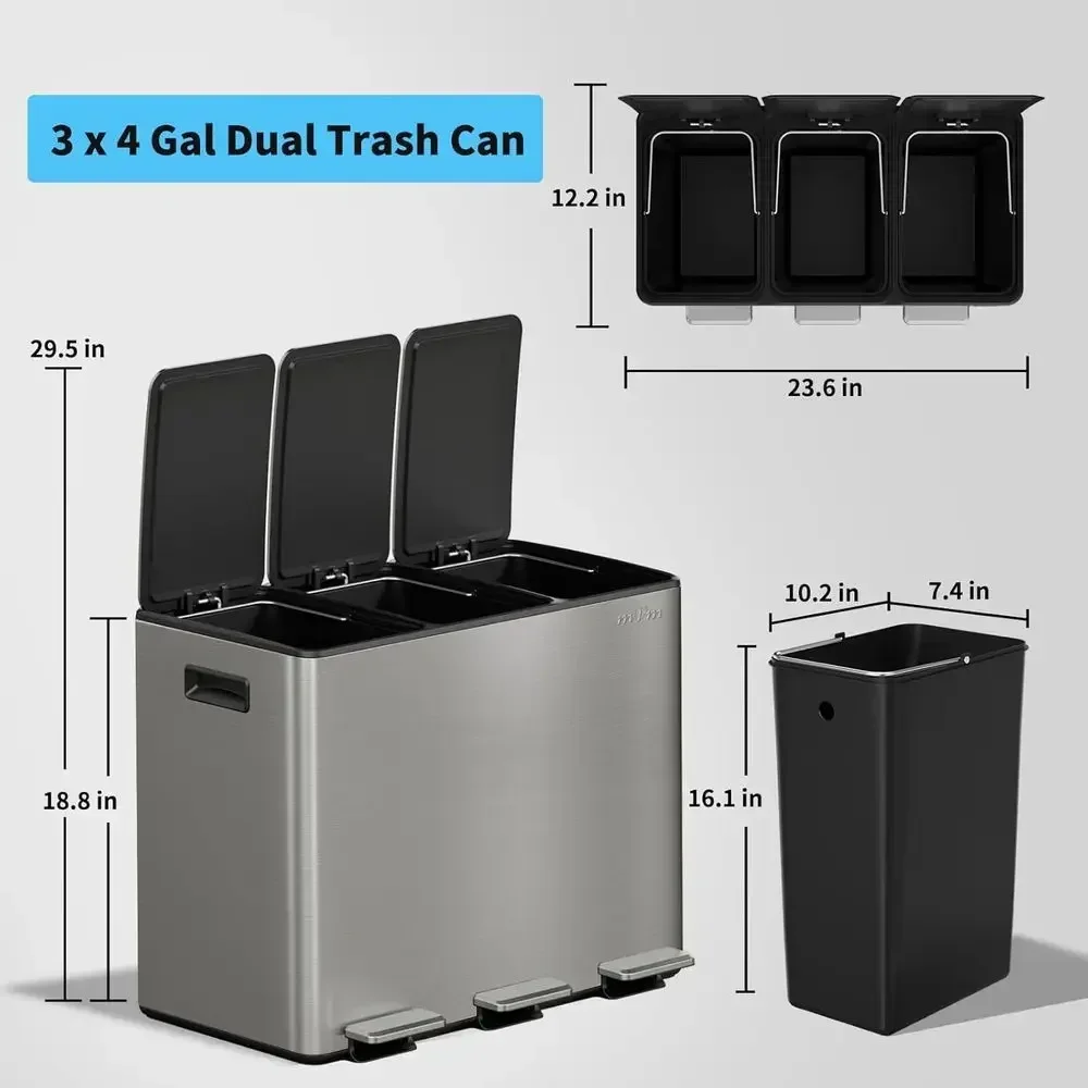 Triple Step Trash Can with Double Layer Lids, 12 Gallon Capacity, Gray Kitchen Garbage Bin