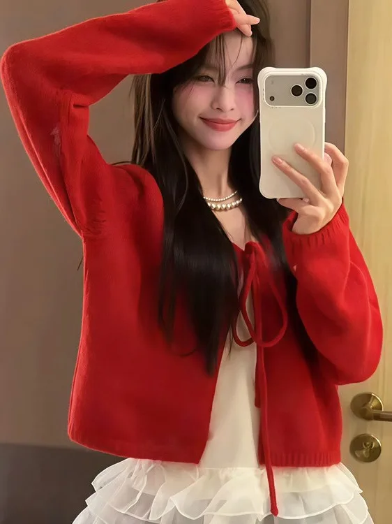 

Autumn Winter Knitted Cardigan And Me Layered Hem Two-Piece Set Women's Faion Casual Sle Tee-Layered Blouse Set