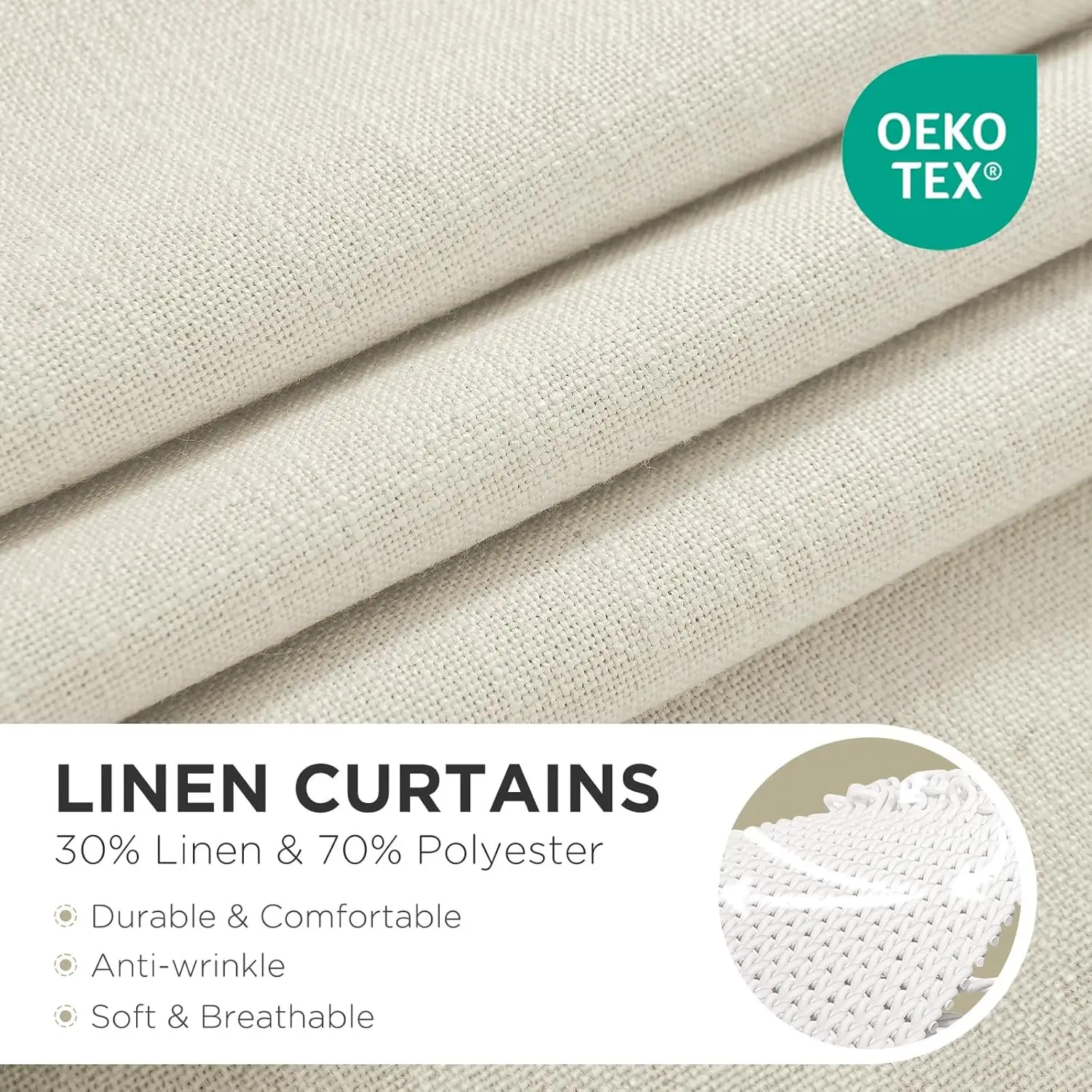 Ivory Linen 2-Panel 96-Inch Curtains, 52 × 96 Inches, Rod-Pocket & Back-Tab Dual Header, Light-Filtering Drapes for Living Rooms & Bedrooms