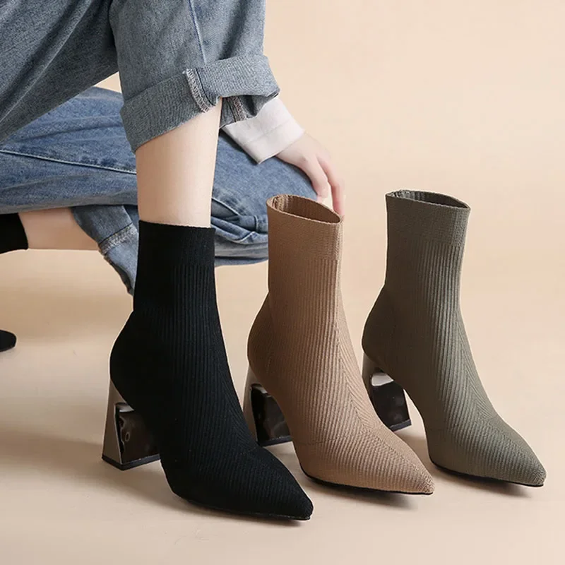 Elastic Fabric Socks Boots Women\'s Shoes Metal Square Heel Camel Knit Pointed Short Boots Fashion Sexy High Heels Botines Mujer