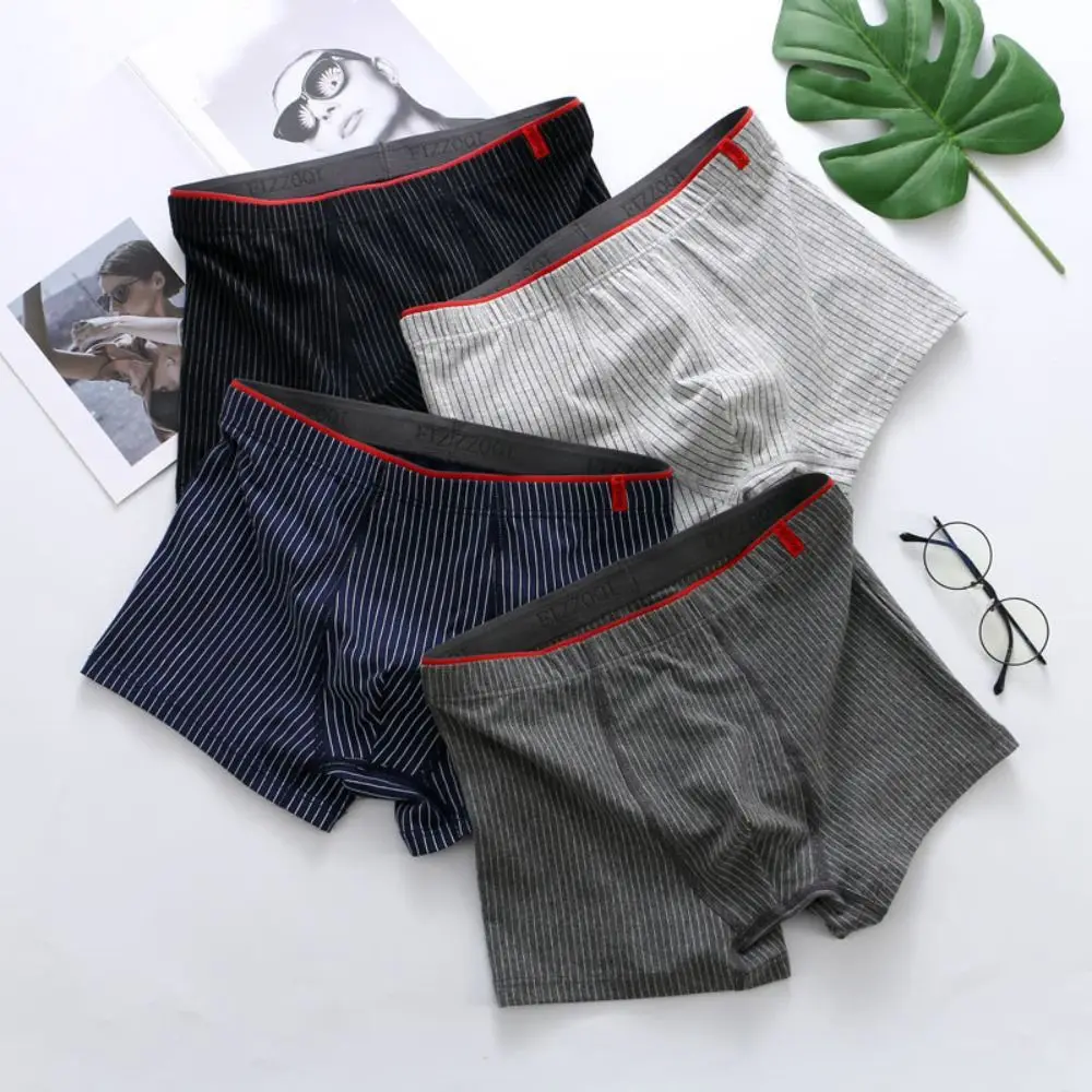 

4PCS Color Blocking Stripe Men's Flat Panties Low Waist Large Size Men Boxer Loose Underpants Underwear for Man Male