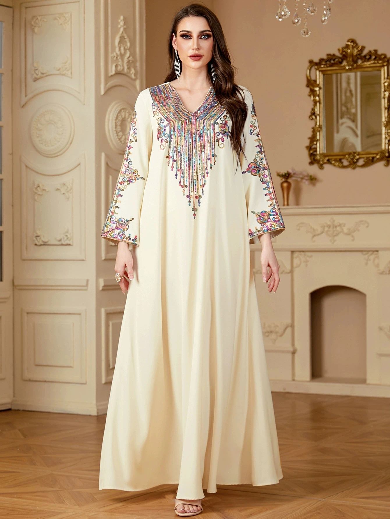 

Middle Eastern Muslim Fashion Women's Robe Arab Turkish Islamic Ramadan Embroidered V-neck Casual Elegant Dress