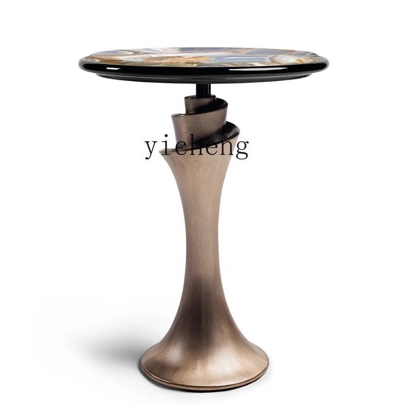 Tqh Light Luxury round Side Table Natural Agate Stone Living Room Sofa Corner Table High-End Creative Stainless Steel round Tea