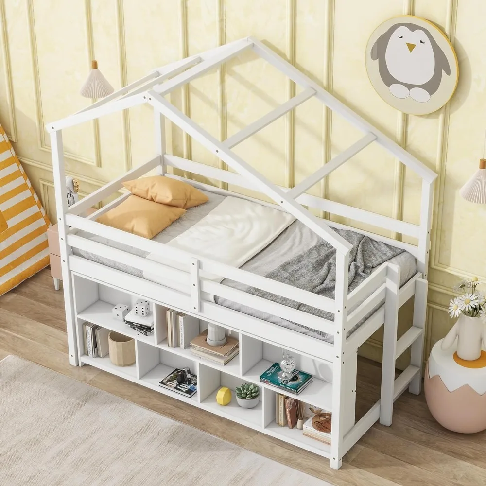 Twin Loft Bed Frame, Loft Bunk Bed with Roof Frame, Solid Wooden with Under Beds Shelving Storage, Multifunctional Low Loft Bed