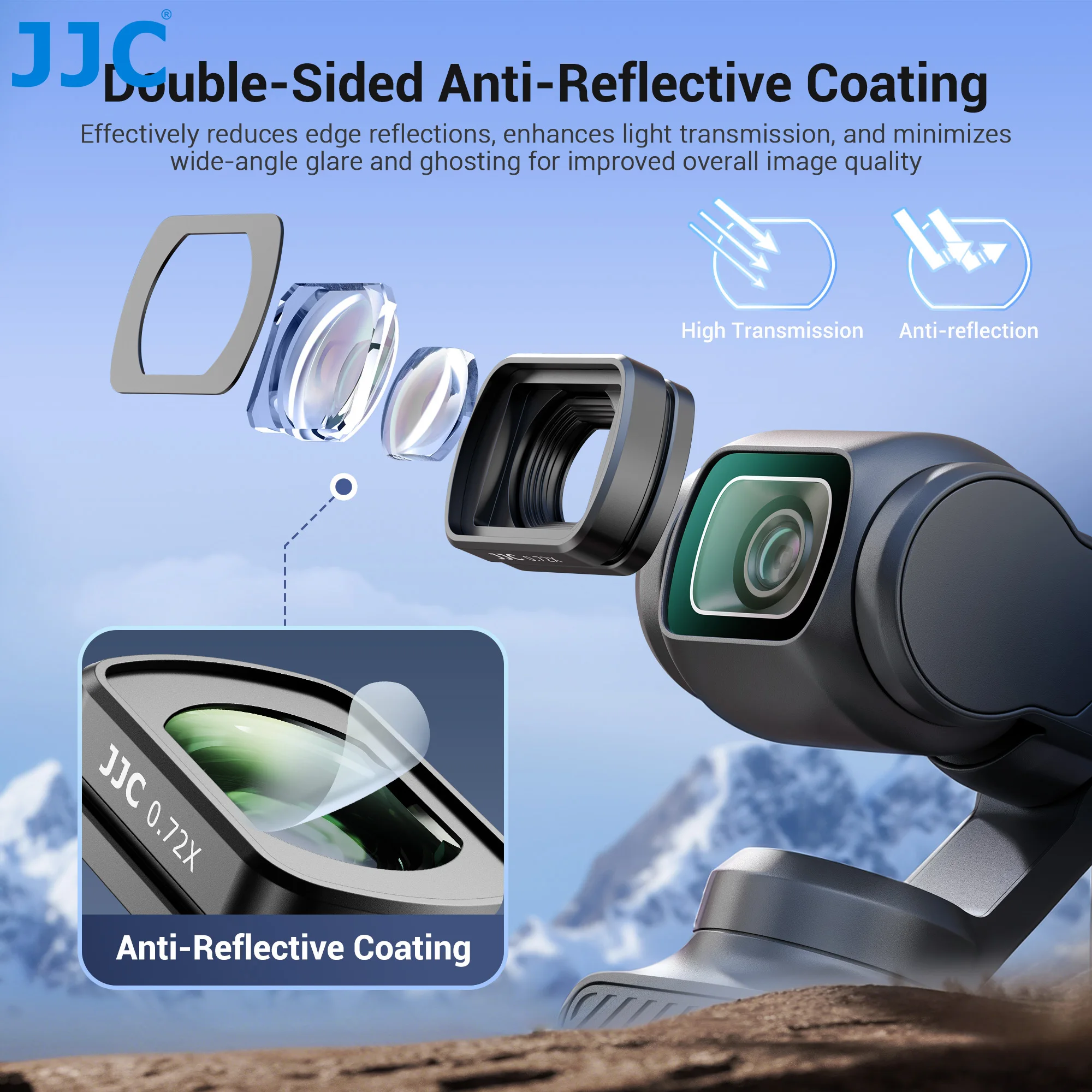 JJC 0.72X فلتر عدسة مغناطيسي واسع الزاوية لـ DJI Osmo Pocket 3، مرفق مغناطيسي/زجاج بصري متعدد المطلي