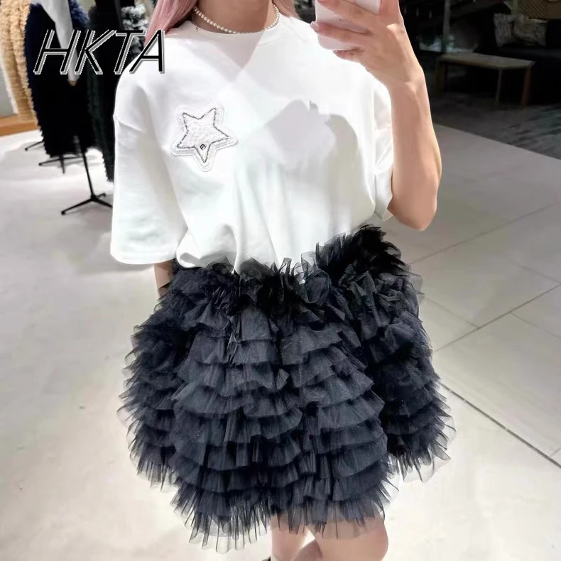 

Japanese Niche Mini Skirt Women 2025 New Summer Mesh Fluffy Skirts Elastic Waist Versatile Black and White Layered Pleated Skirt