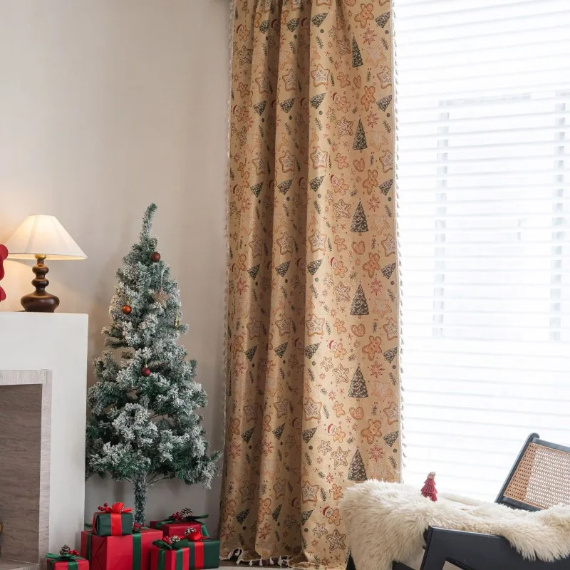Christmas Gingerbread Man Jacquard Christmas Tree Curtains for Living Dining Room Bedroom Kitchen Window Half-blocking Decor