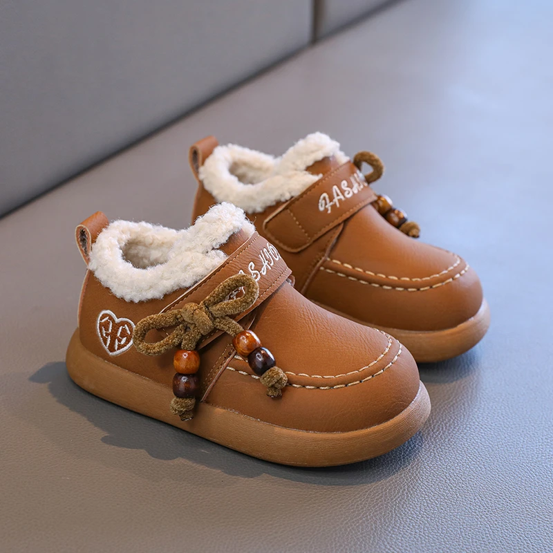 

New Winter Kids Outdoor Cotton Shoes 2025 Fashion Girls Warm Plush Shoes Sweet Bowknot Children's Causal Princess Shoes Non-slip
