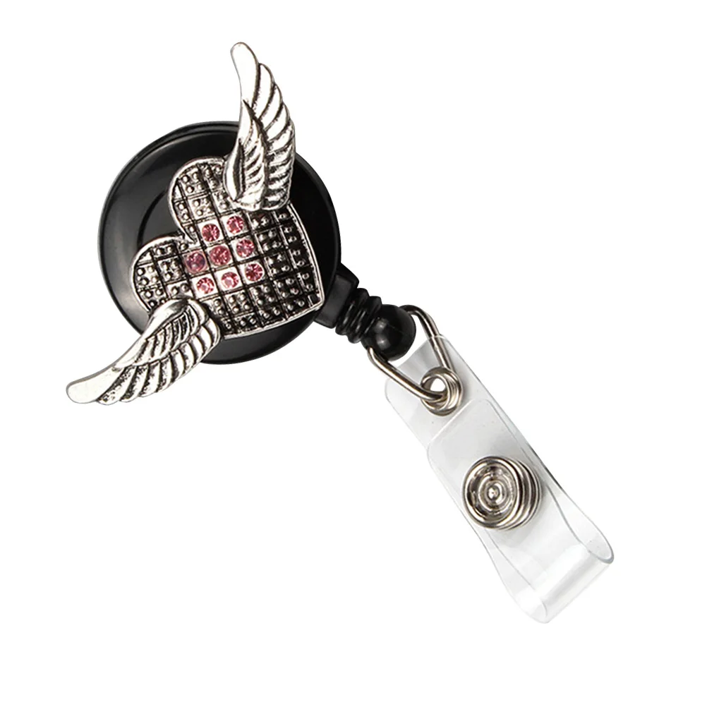 

Wing Design Easy Pull Buckle Reel Retractable Id Sleeve Buckle Easy Pull Clip For Office Business Exhibition Pink
