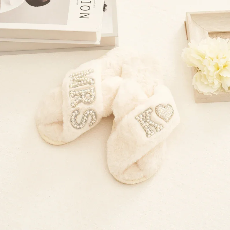 Bridal Mrs Wedding slippers, Custom Mrs Fluffy Slippers with pearls letters, Bridal Shower Gifts, Gifts For Her, Bridal Slippers