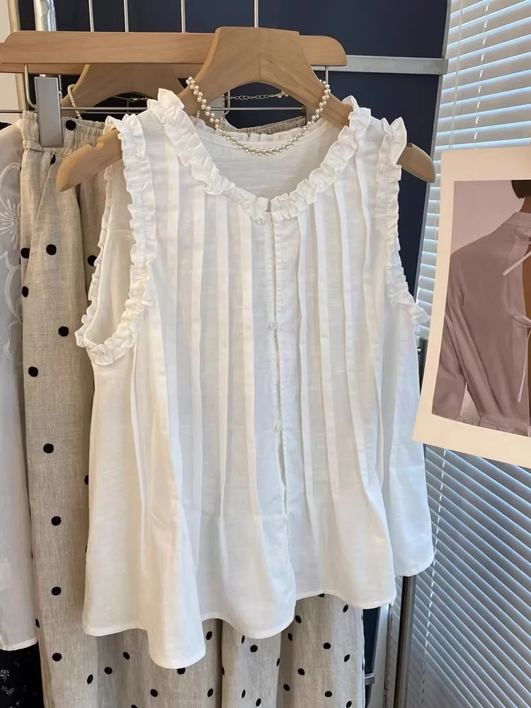 

Летняя женская свободная блузка без рукавов с эффектом утяжки, универсальный топ в корейском стиле с круглым вырезом, повседневная модель с узором под дерево, омолаживающий эффект