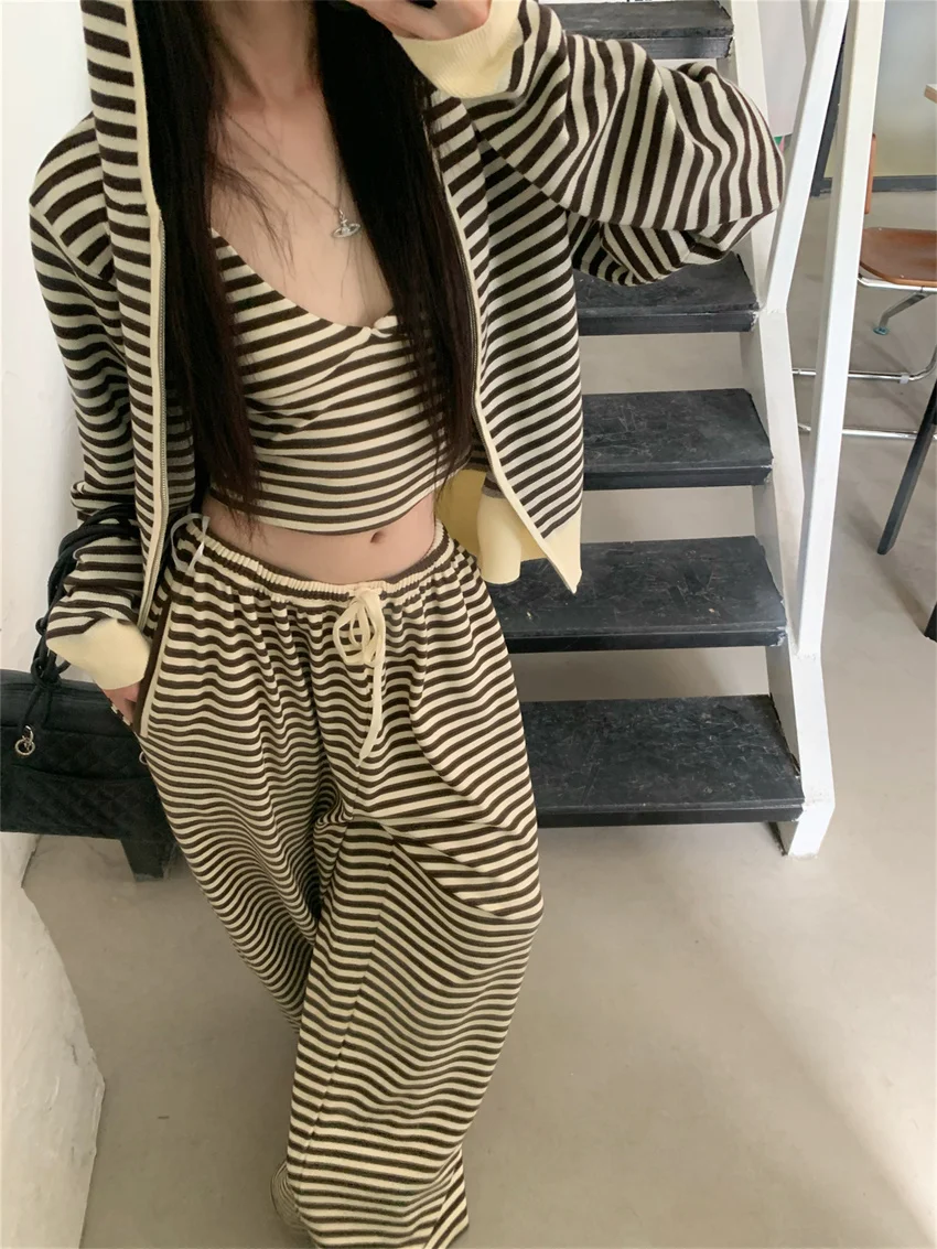 

Alien Kitty Stripes Office Lady Women Three Pieces Suits Autumn 2024 Casual New Loose Hooded Coats Slim Tank Tops Straight Pants