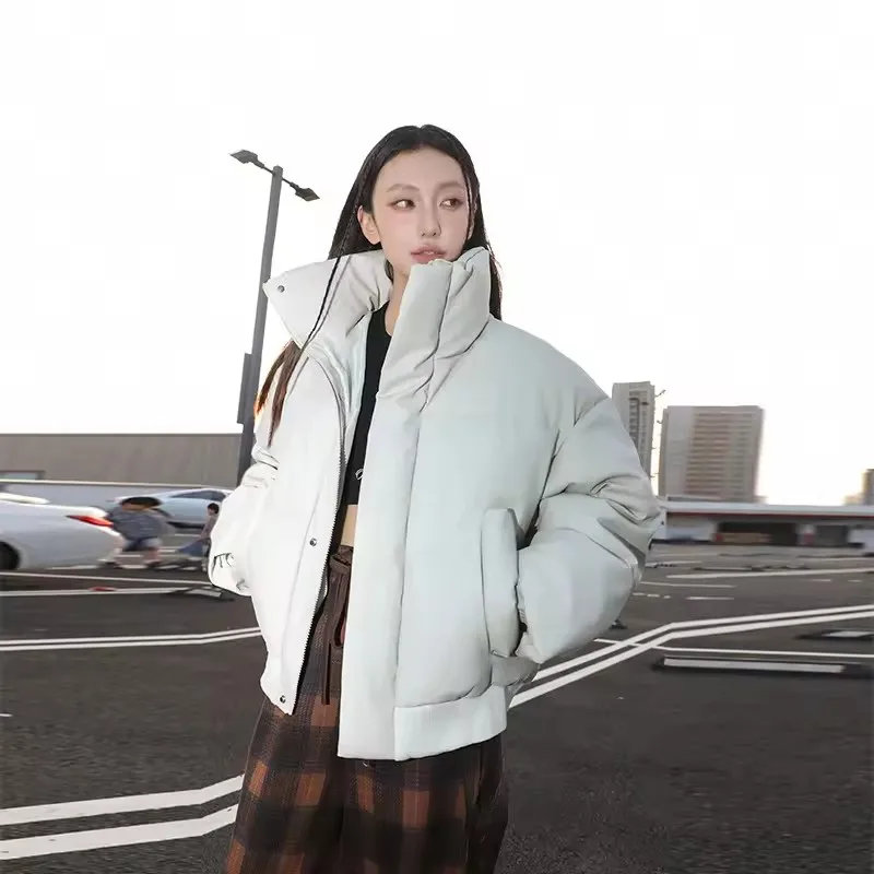American Hip Hop Stand Collar Cotton  Padded Jacket Women Winter Zipper Stand-up Collar Parkas Chic Pocket Quilted Bread Coat