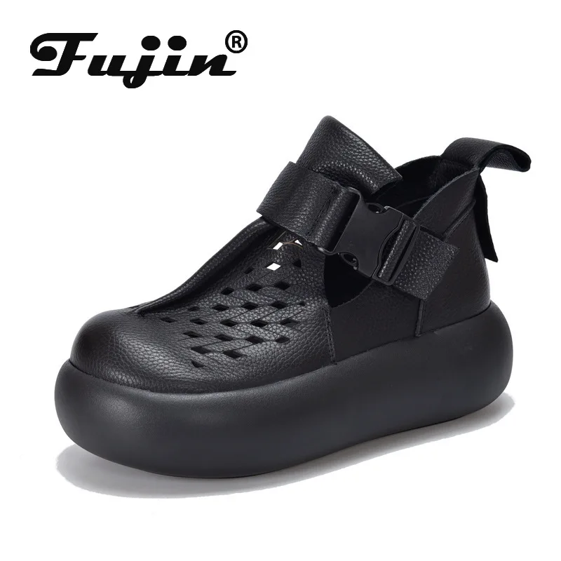 

Fujin 6cm Women Motorcycle Moccasins Shoes Cow Genuine Leather Sandals Buckle Boots Fashion Summer Hollow Chimney Ankle Booties