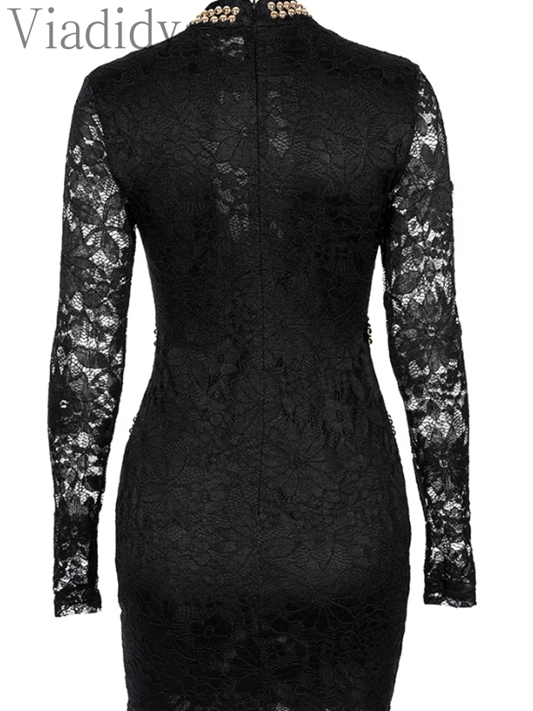 Women Sexy Solid Color Stand Collar Long Sleeve See Through Sheer Mesh Spliced Lace Mini Dress