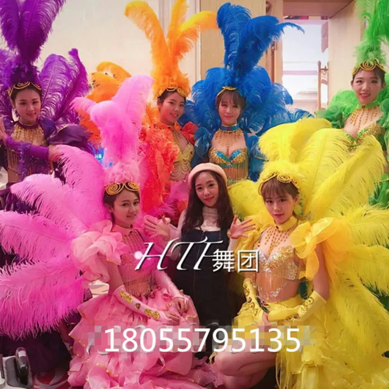 Atmospheric Opening Dance Colorful Big Swing Skirt Ostrich Hair Performance Dress