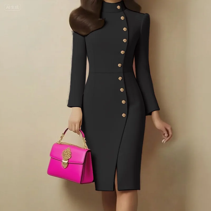 Stand Collar Long Sleeve Midi Dress Gold Button Decor Front Slit Slim Elegant Formal Office Dress