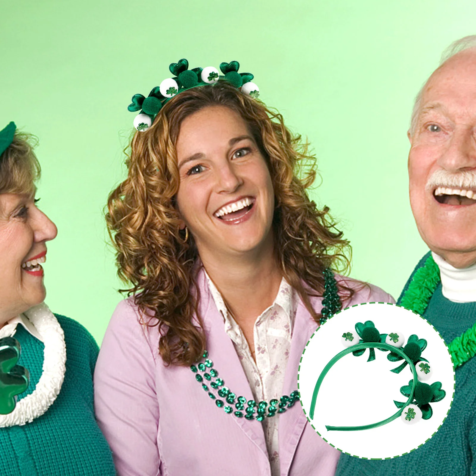 

Shamrock Headband Pompom Balls Holiday Hair Accessory St Patrick's Day Party Headpiece Women Shamrock Pattern Hair Band