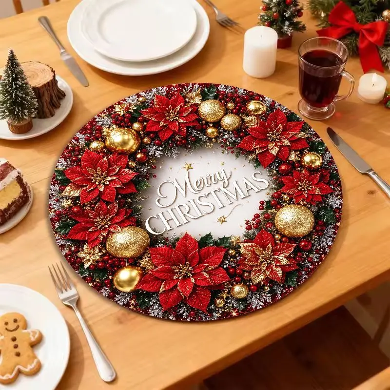 VIKAMA Red Plaid Snowflake Wreath Round Placemat, 1 Design, Table Mat for Kitchen Dining Party