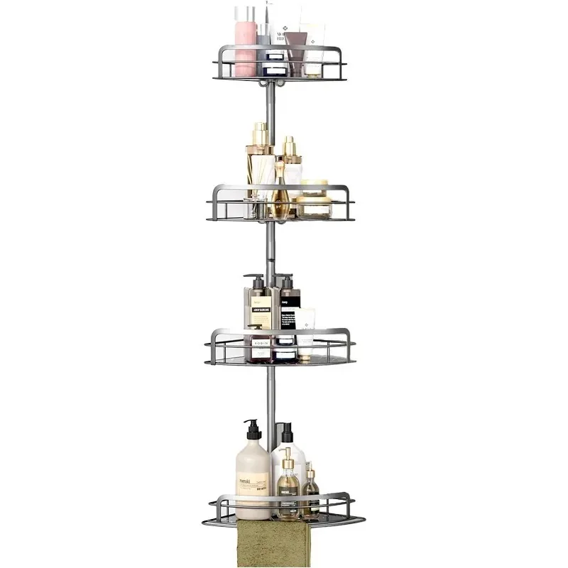 4-Tier Adjustable Corner Shower Shelf(82-296cm)-No Drill Tension Pole Triangle Organizer for Bathroom Kitchen Storage with Hooks