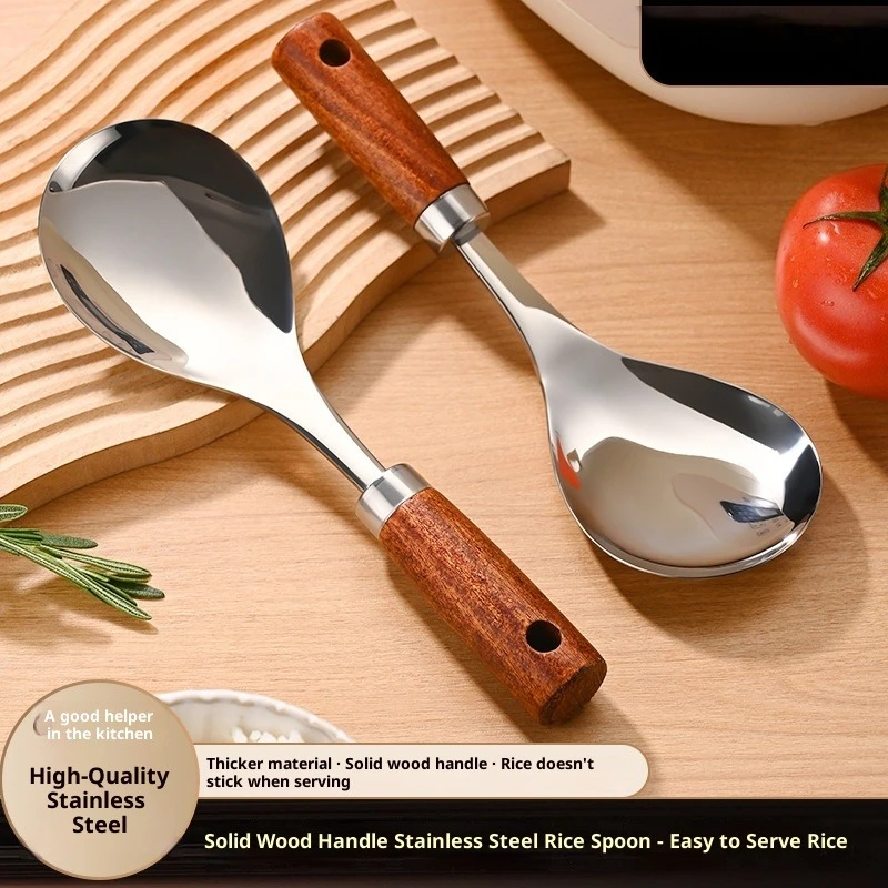 

Solid Wood Handle Non-Stick Rice Spoon Stand up Stainless Steel Rice Serving Spoon for Home Use Electric Rice Cooker Spoon