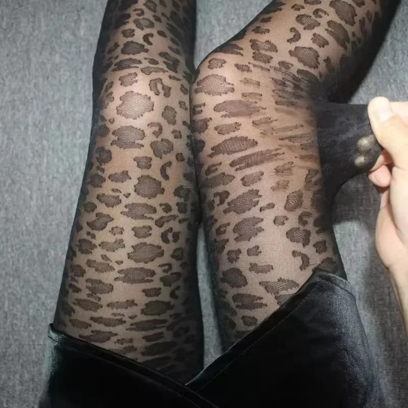Frauen Sexy Dünne Transparente Seidige Strumpfhosen Gothic Schwarz Sexy Leopard Tier Muster Sheer Strumpfhosen Nahtlose Strümpfe Damen