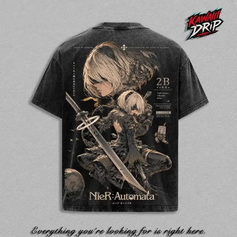 YoRHa No.2 Type B Print T-shirt Game NieR Clothing Men Women Cotton Tshirts Retro Washed T Shirt Harajuku Unisex Oversized Tops
