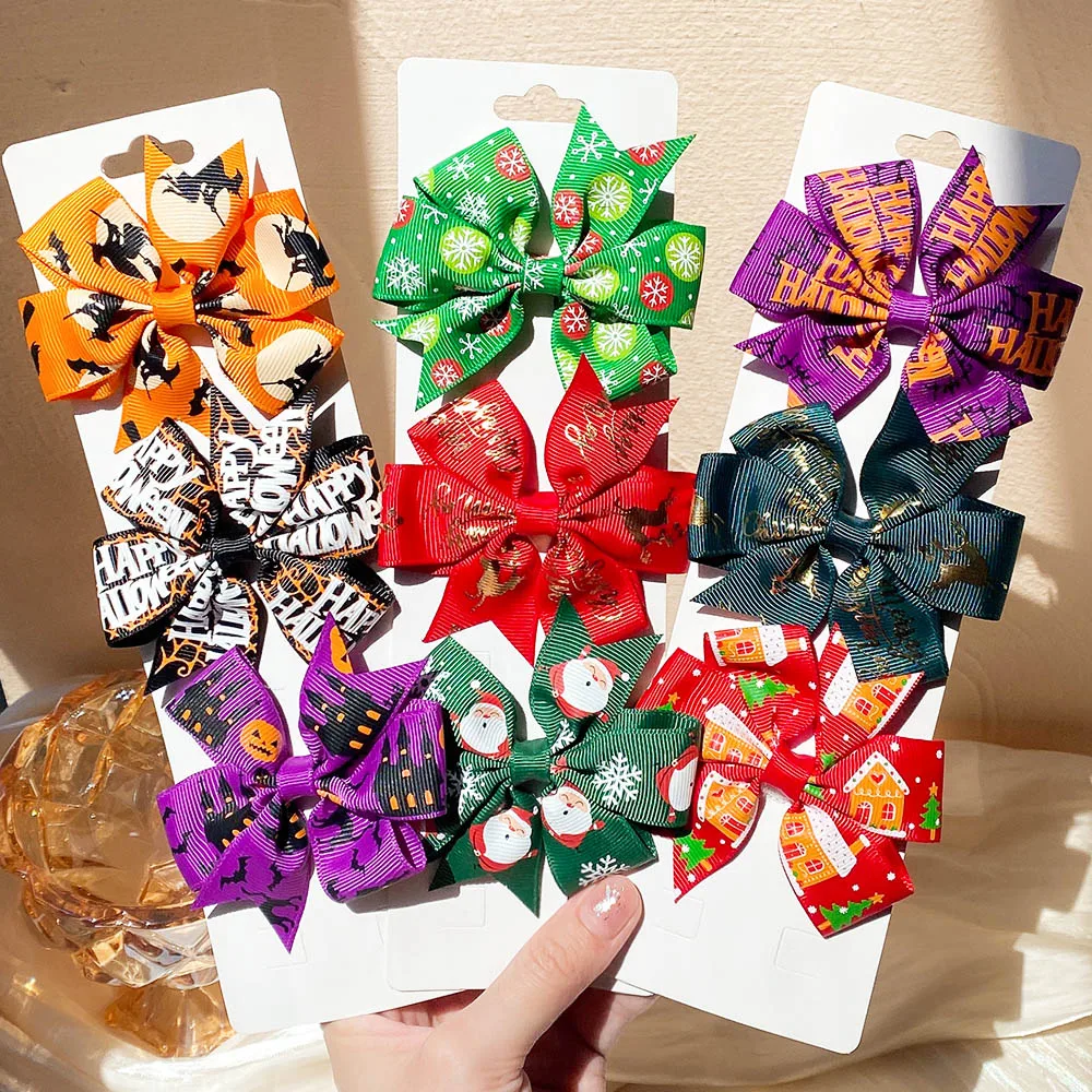 1Pack Baby Girls Christmas&Halloween Bow Printed Hair Clips Christmas Holiday Party Hairpin Kids Hair Accessories Wholesale Gift