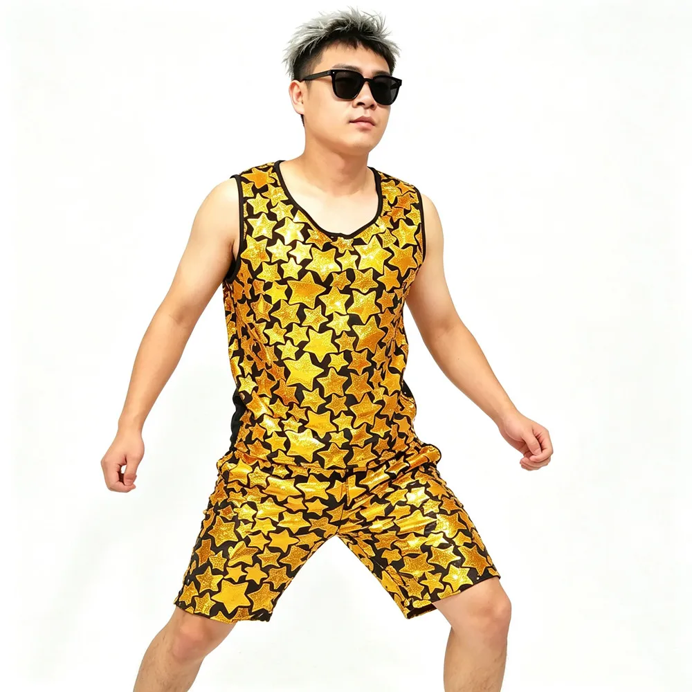 Conjunto de 2 Piezas con Lentejuelas Doradas para Hombre, Camiseta sin Mangas y Pantalones Cortos, para Discoteca, Fiesta, Cantante, Actuación en Escenario, Rave, Festival