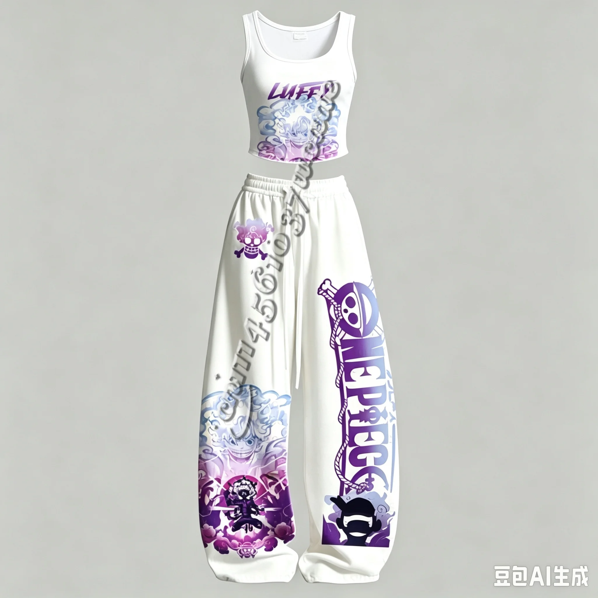 New One Piece Luffy Zoro Robin Series Character Tank Top Wide Leg Pants Set Street Unisex Anime Peripheral Outfit FamilyMatching